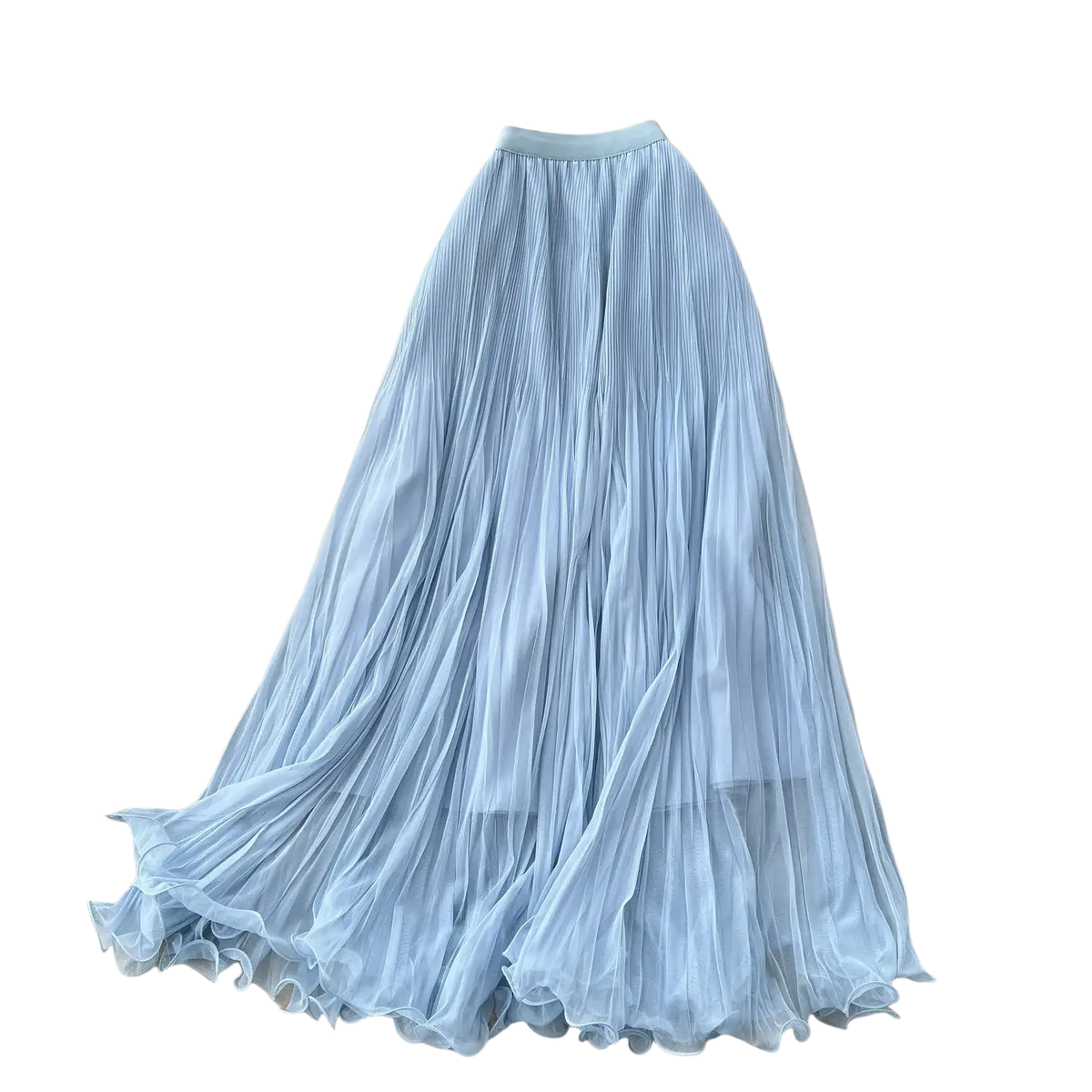 A light blue pleated chiffon midi skirt with a ruffled hem designed in a line for y2k streetwear style