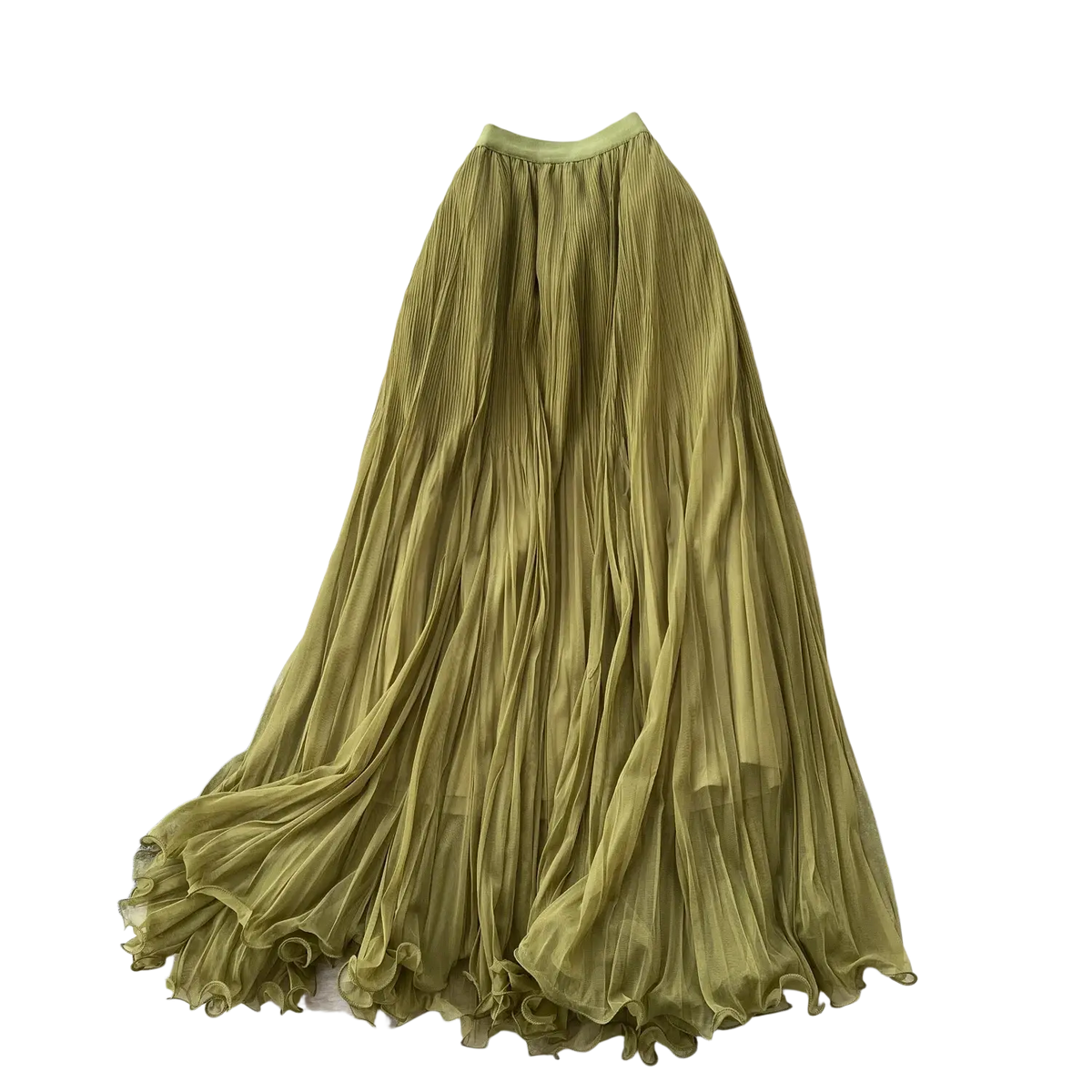 Flowing olive green pleated chiffon maxi skirt with soft elastic waistband and delicate ruffled hem for y2k streetwear