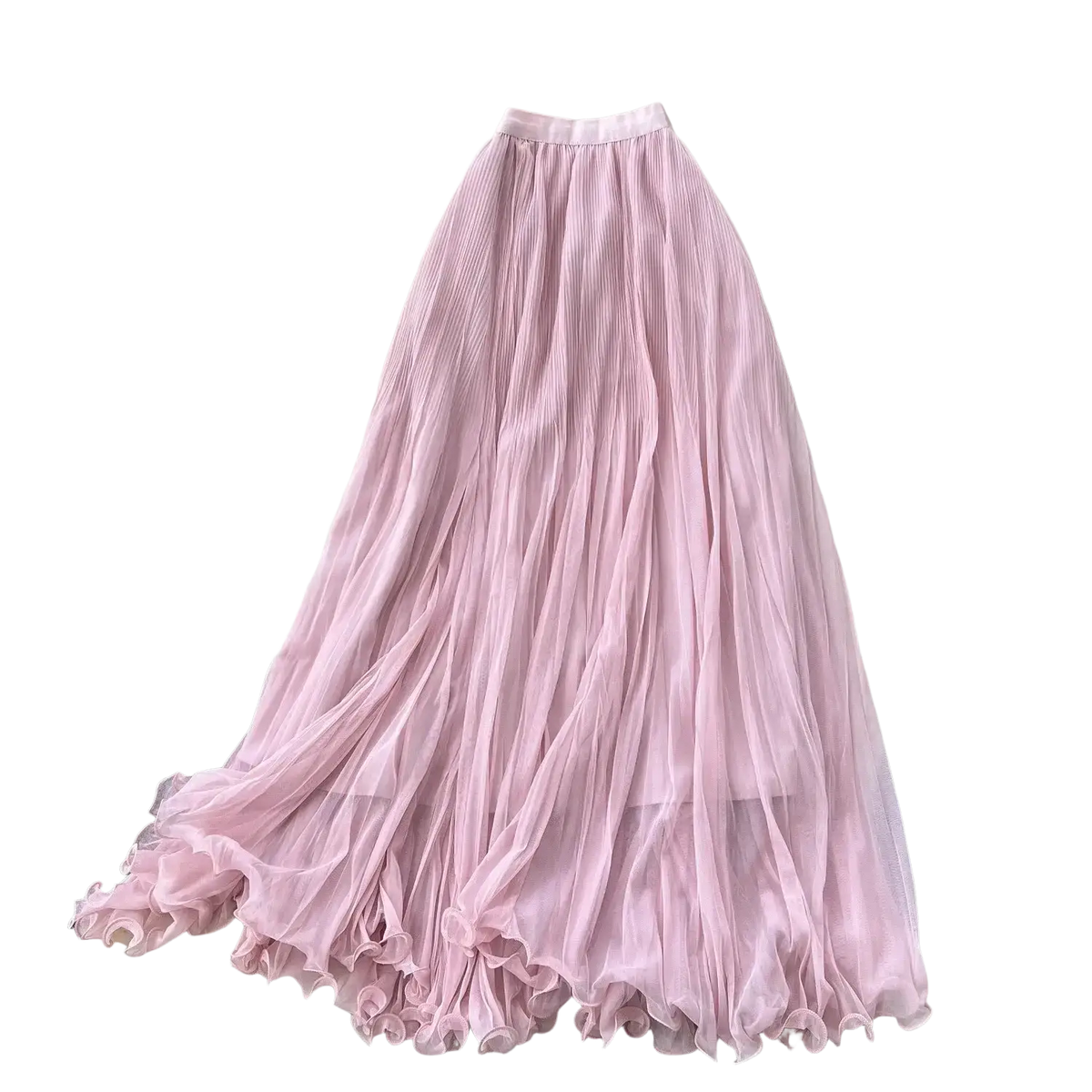 A flowing pale pink pleated midi skirt in lightweight sheer fabric with ruffled hemline for y2k streetwear