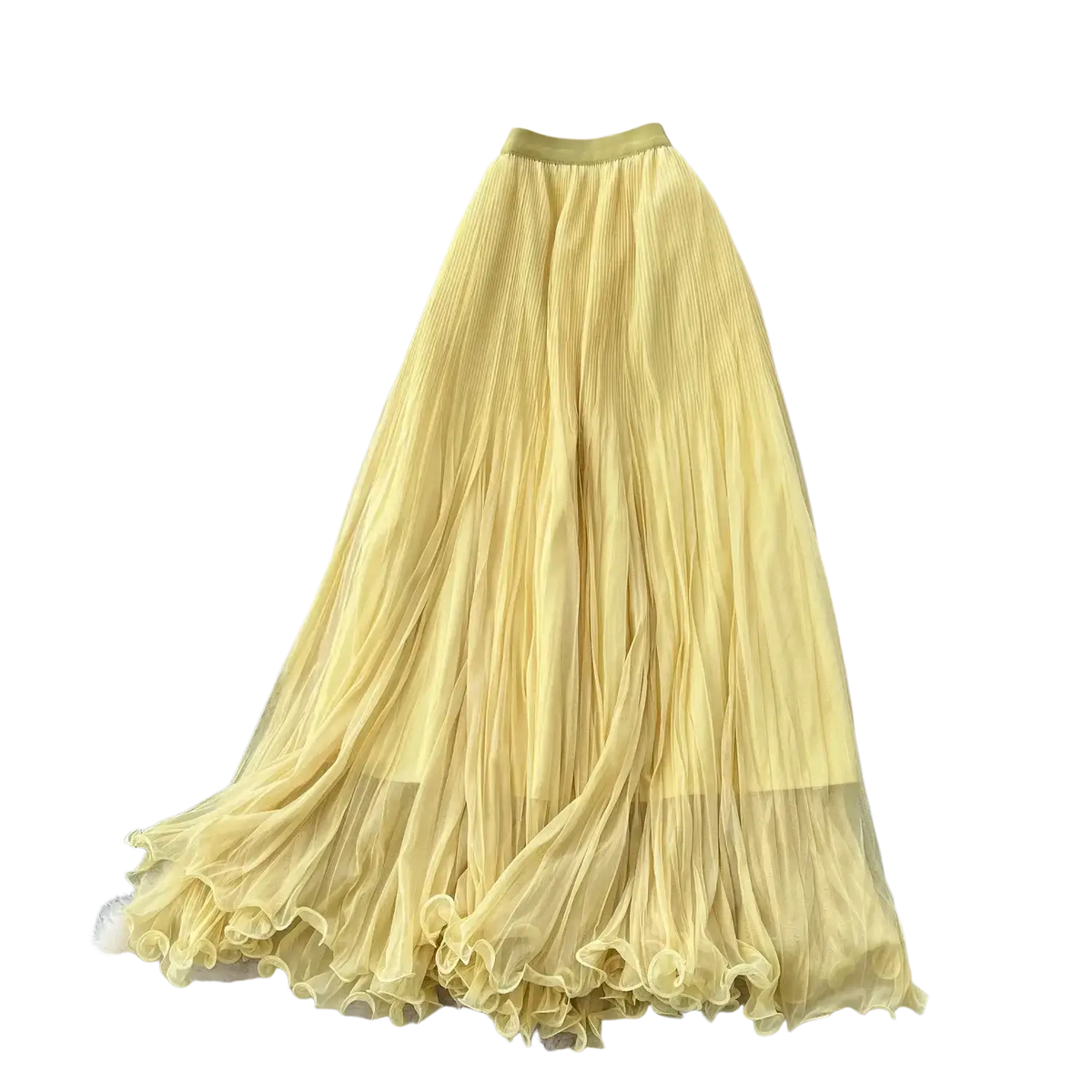 A flowing pale yellow pleated midi skirt in lightweight sheer fabric with ruffled hemline for y2k streetwear