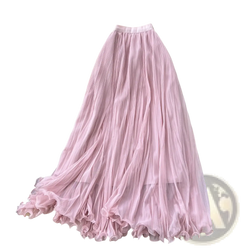 Pink pleated midi skirt with layered ruffled hem made of sheer fabric in a line y2k streetwear style