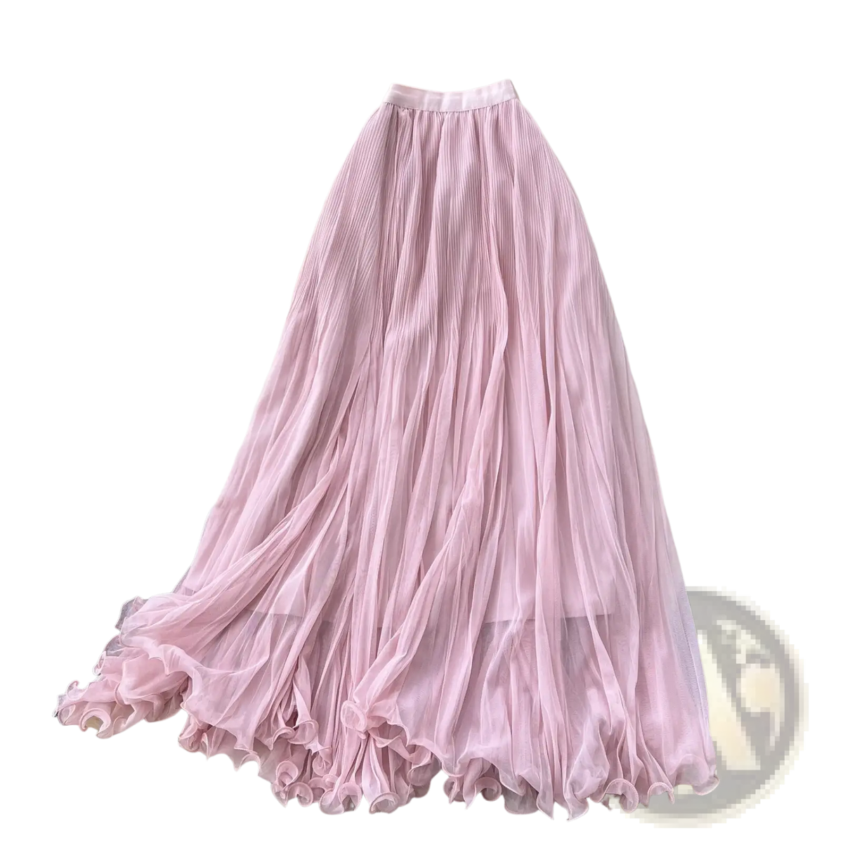 Pink pleated midi skirt with layered ruffled hem made of sheer fabric in a line y2k streetwear style