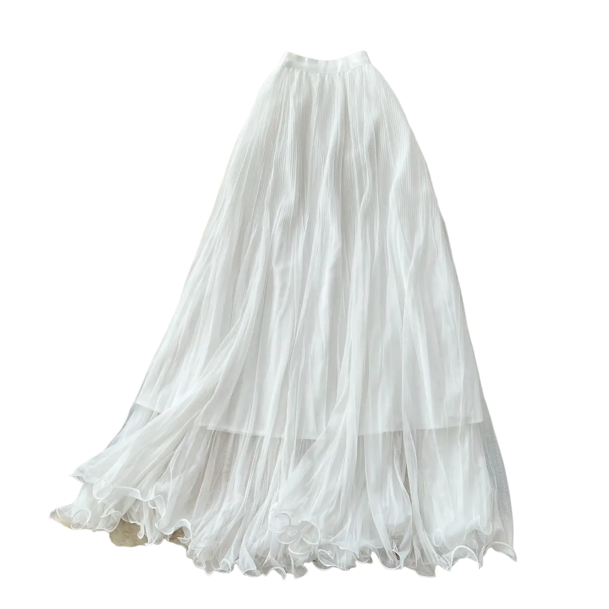 Pink pleated midi skirt a line y2k streetwear with a flowing white pleated lightweight sheer fabric and layered ruffled hem