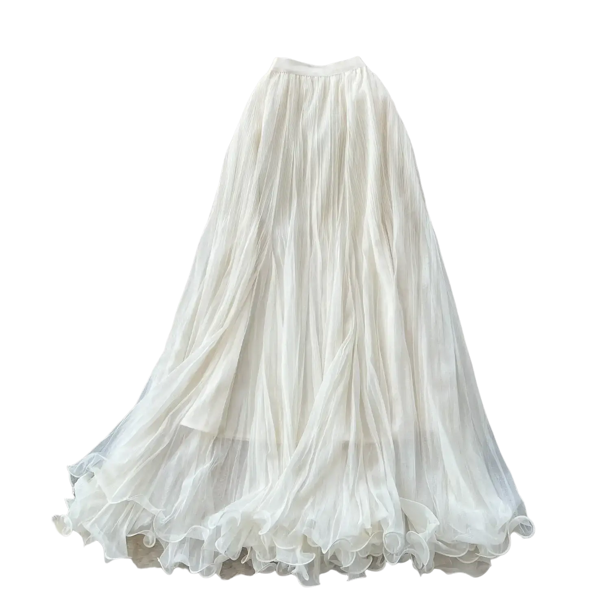 A flowing white chiffon pleated midi skirt with layered ruffled hem perfect for y2k streetwear style