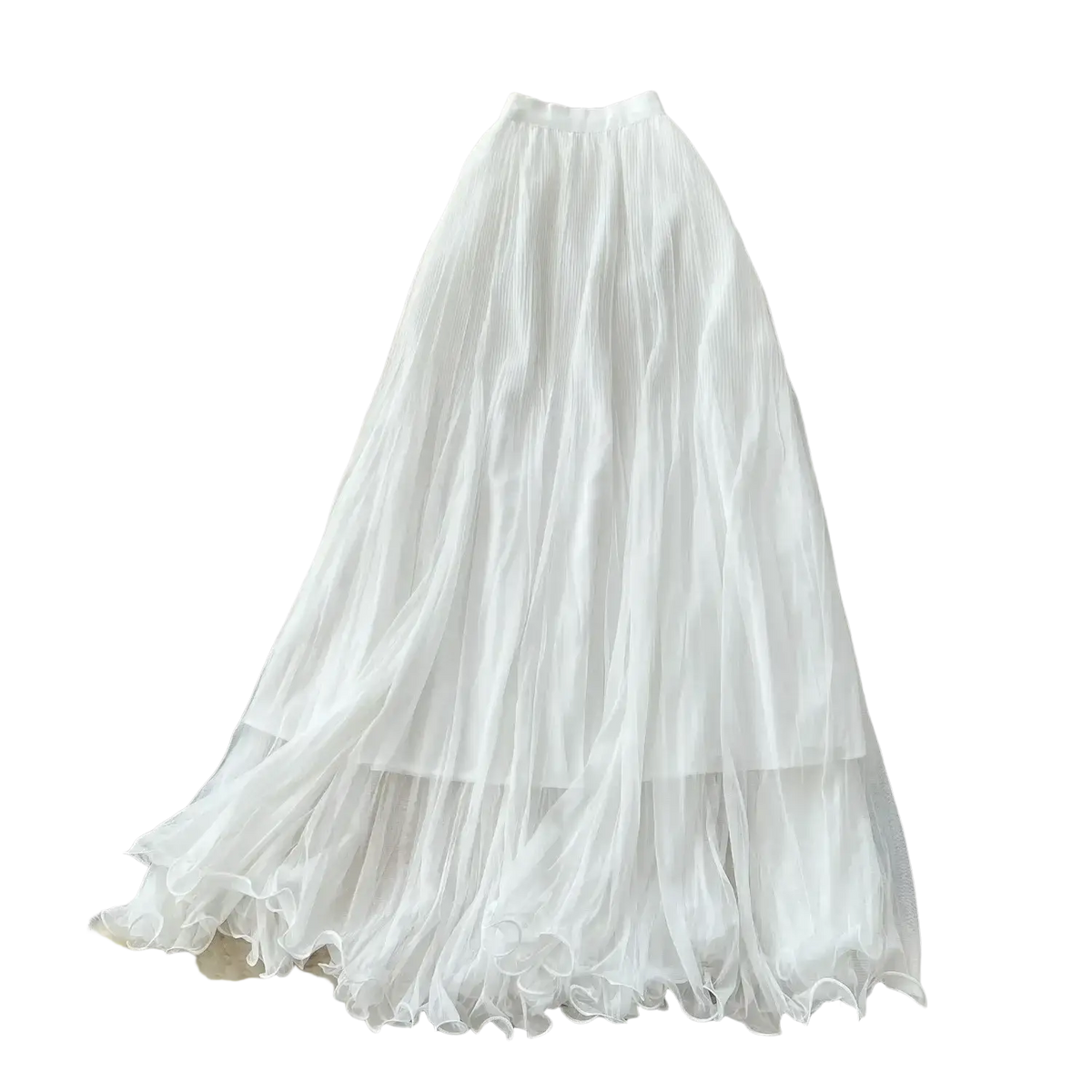 A flowing white sheer layered skirt with a delicate ruffled hem in y2k streetwear pleated midi skirt style