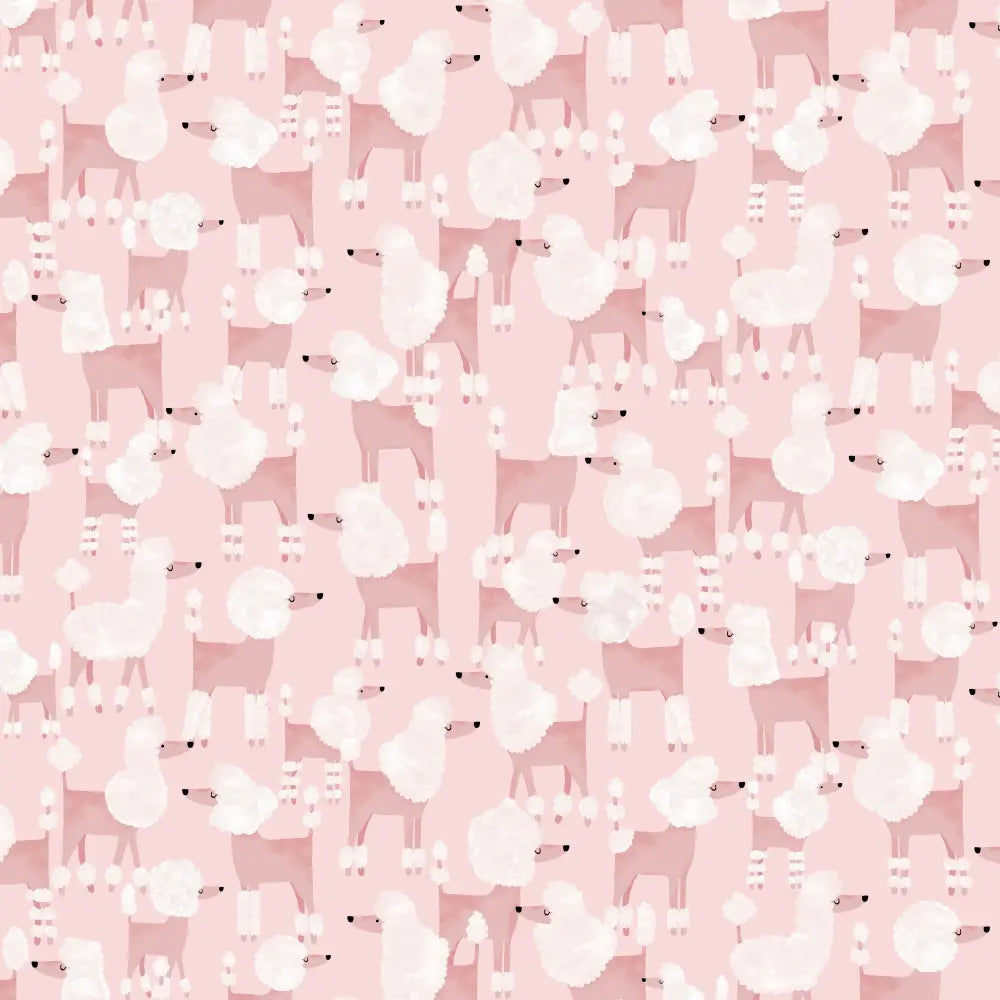 Vintage style pink fit and flare dress with pockets featuring pink and white poodle patterned fabric