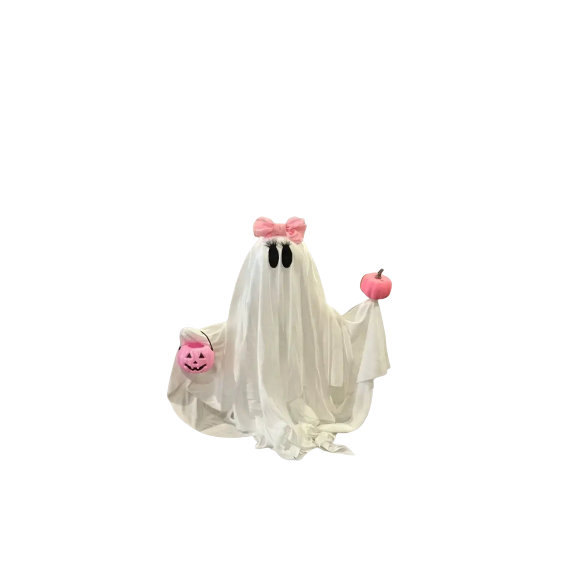 White fabric ghost Halloween tabletop decoration with pink bow holding two small pumpkins pink pumpkin ghost