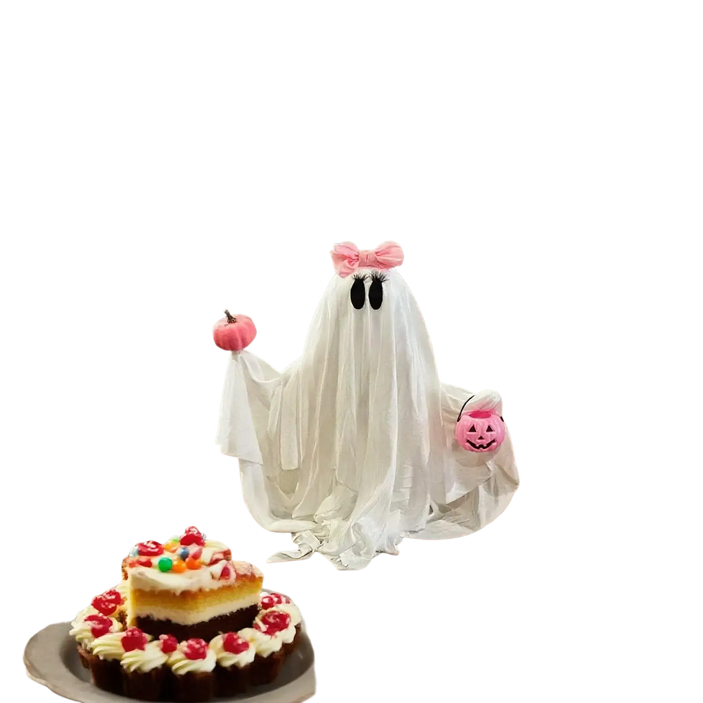 Pink pumpkin ghost halloween tabletop decoration featuring a white ghost figurine with a pink bow holding a pumpkin