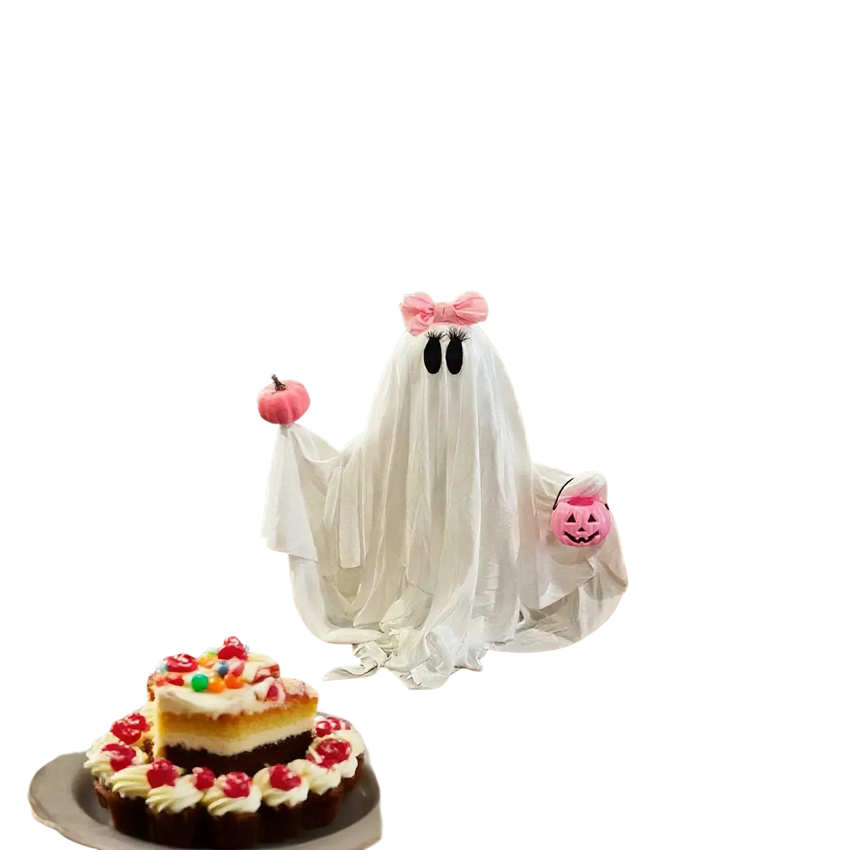 Pink pumpkin ghost halloween tabletop decoration featuring a white ghost figurine with a pink bow holding a pumpkin
