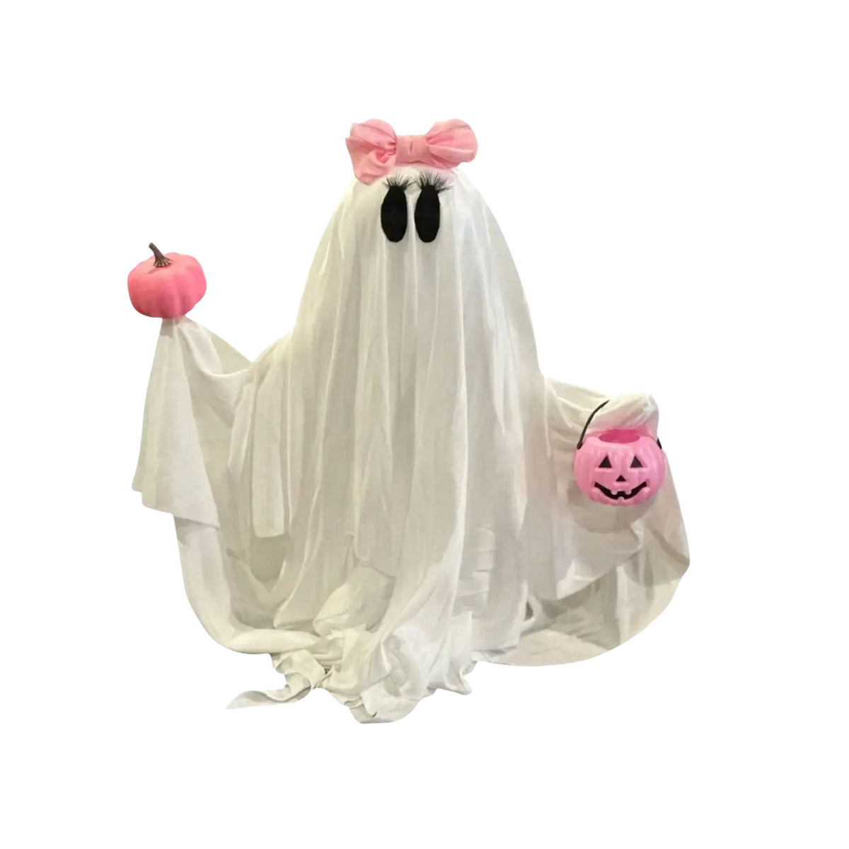 Pink pumpkin ghost halloween tabletop decoration with sheer white fabric, pink bow, black eyelashes, and pink pumpkins