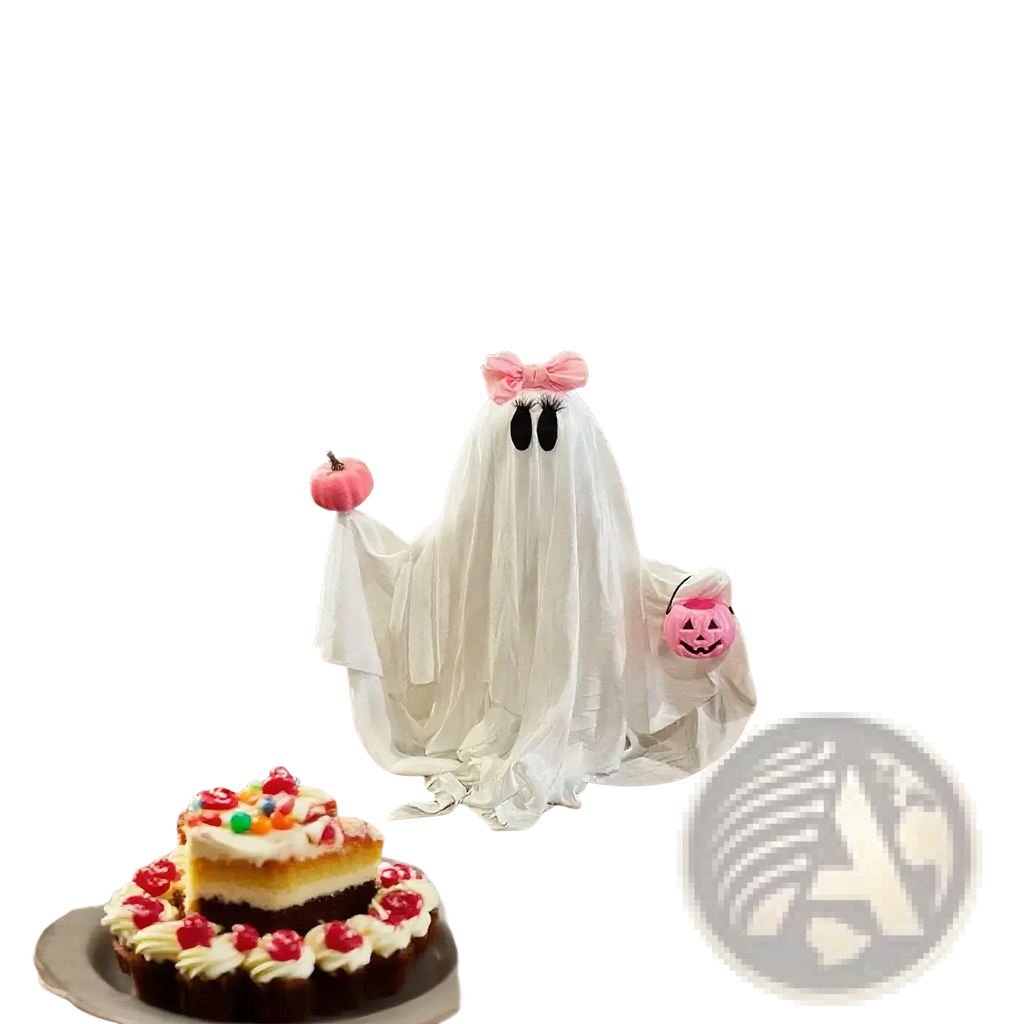 Pink pumpkin ghost halloween tabletop decoration featuring a white ghost figurine with a pink bow holding a pumpkin