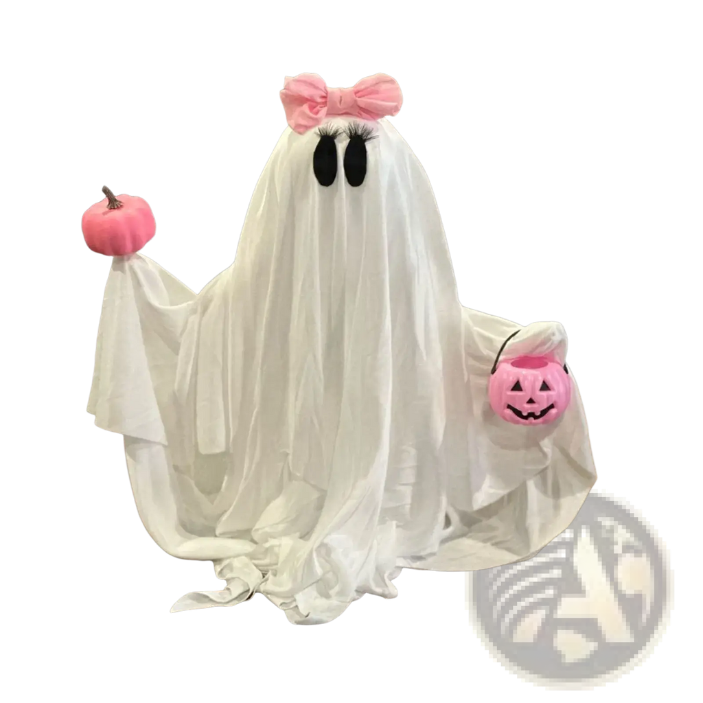 A white fabric pink pumpkin ghost halloween tabletop decoration with black eyes, a pink bow, and pink pumpkin accessories