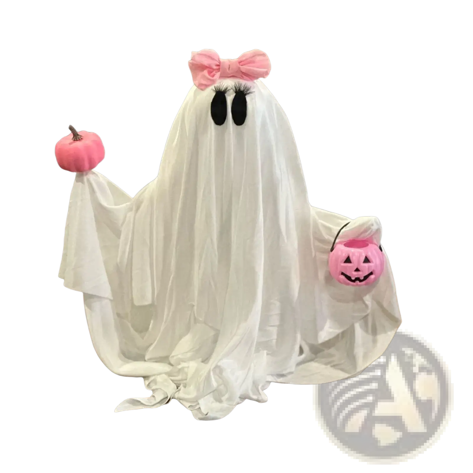 A white fabric pink pumpkin ghost halloween tabletop decoration with black eyes, a pink bow, and pink pumpkin accessories