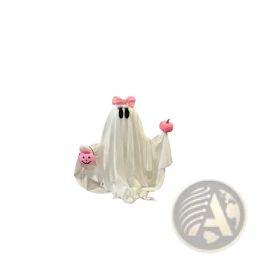 White fabric ghost Halloween tabletop decoration with pink bow holding two small pumpkins pink pumpkin ghost