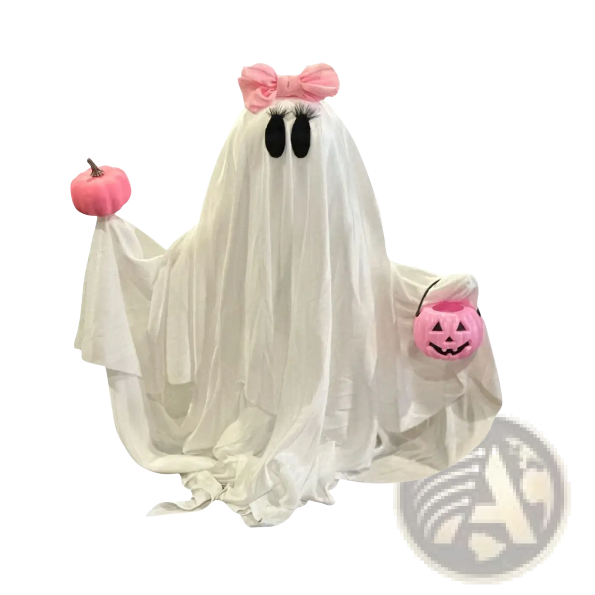 A plush white ghost tabletop decoration with a pink bow holding a pink pumpkin and jack-o-lantern basket