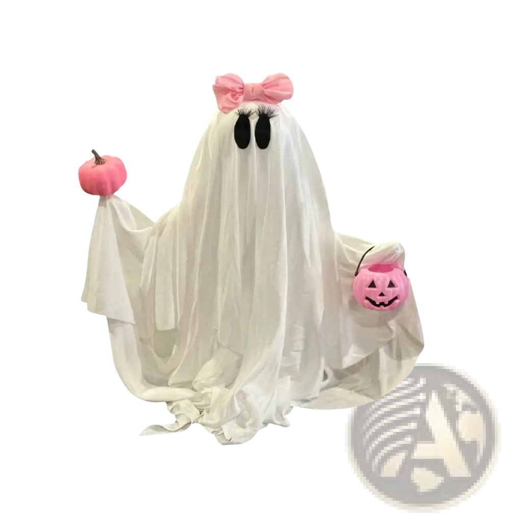 Pink pumpkin ghost halloween tabletop decoration with sheer white fabric, pink bow, black eyelashes, and pink pumpkins