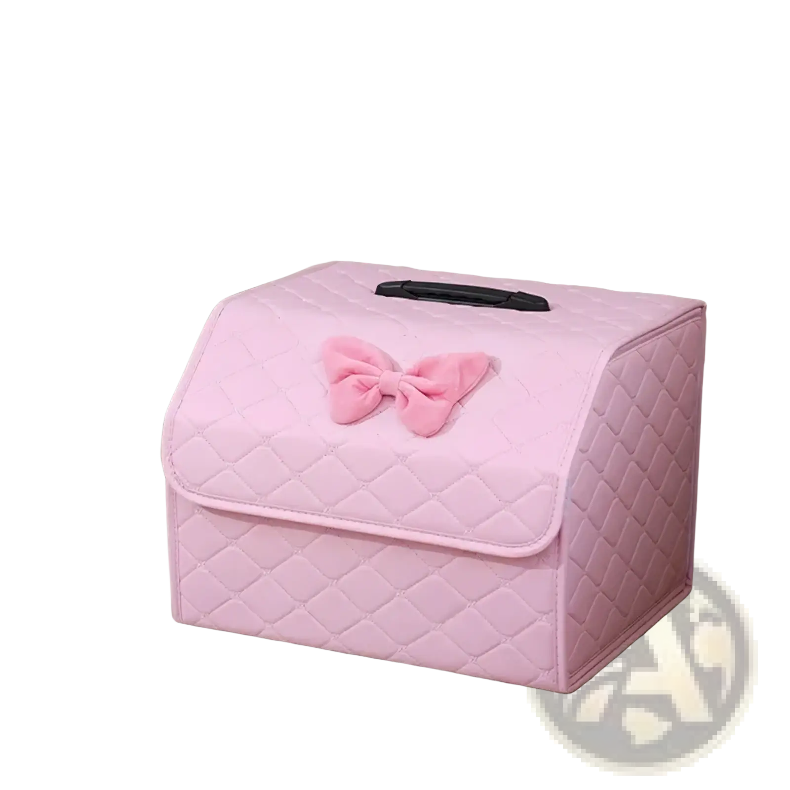 Pink quilted car trunk organizer made of soft fabric with a plush bow on top for stylish storage and organization