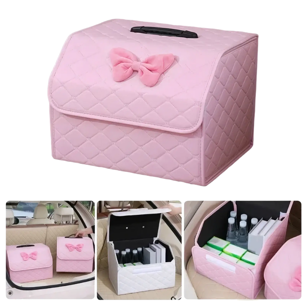 Pink quilted car trunk organizer made of soft material with a decorative plush bow on top for stylish storage