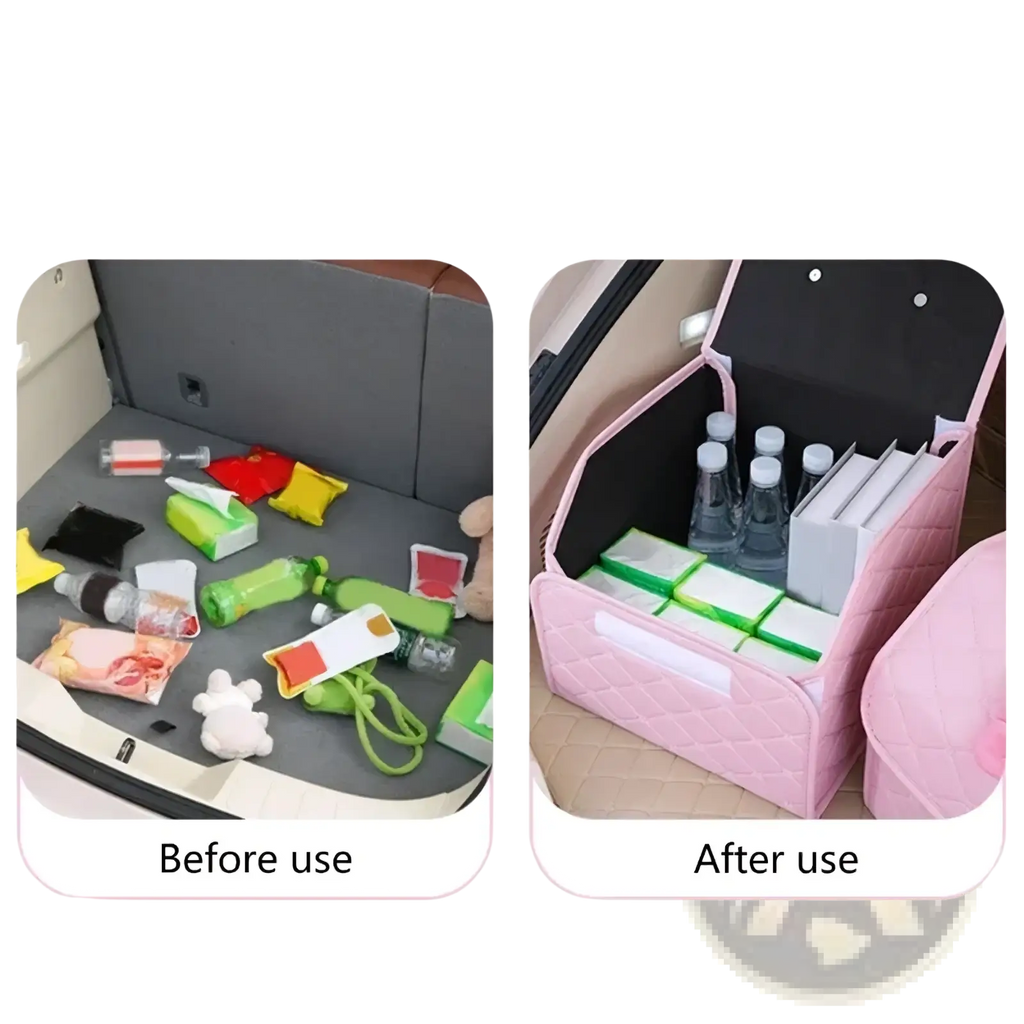 Pink quilted car trunk organizer with black interior and white label strip designed with a decorative bow