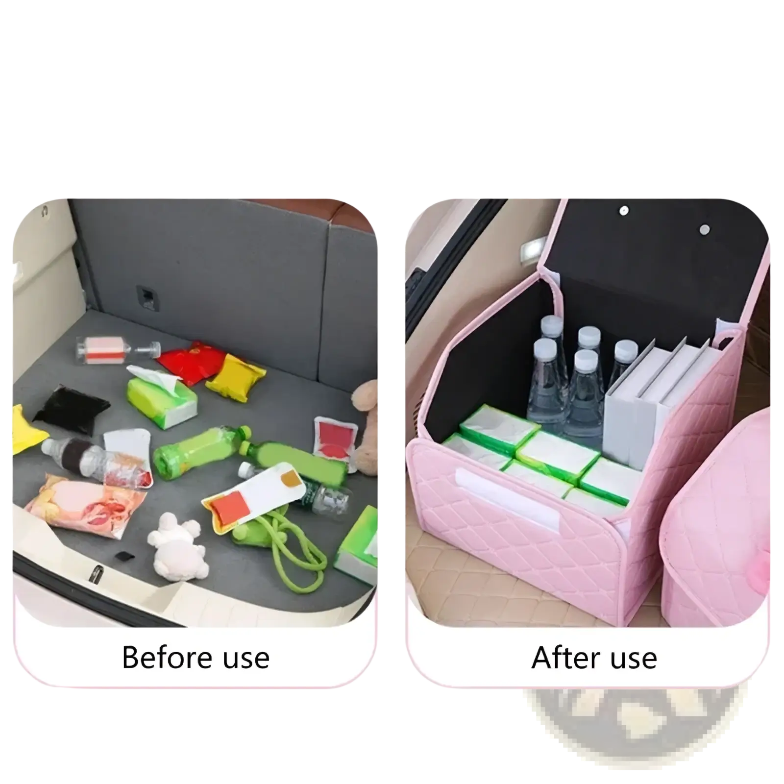 Pink quilted car trunk organizer with black interior and white label strip designed with a decorative bow