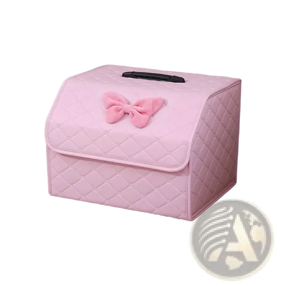 Pink quilted fabric car trunk organizer with matching bow and black handle for stylish storage and organization