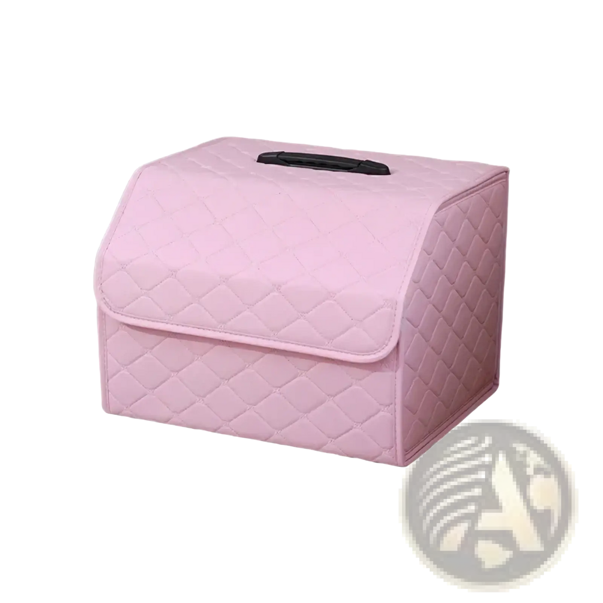 Pink quilted fabric car trunk organizer with bow design and black handle for convenient storage and transport