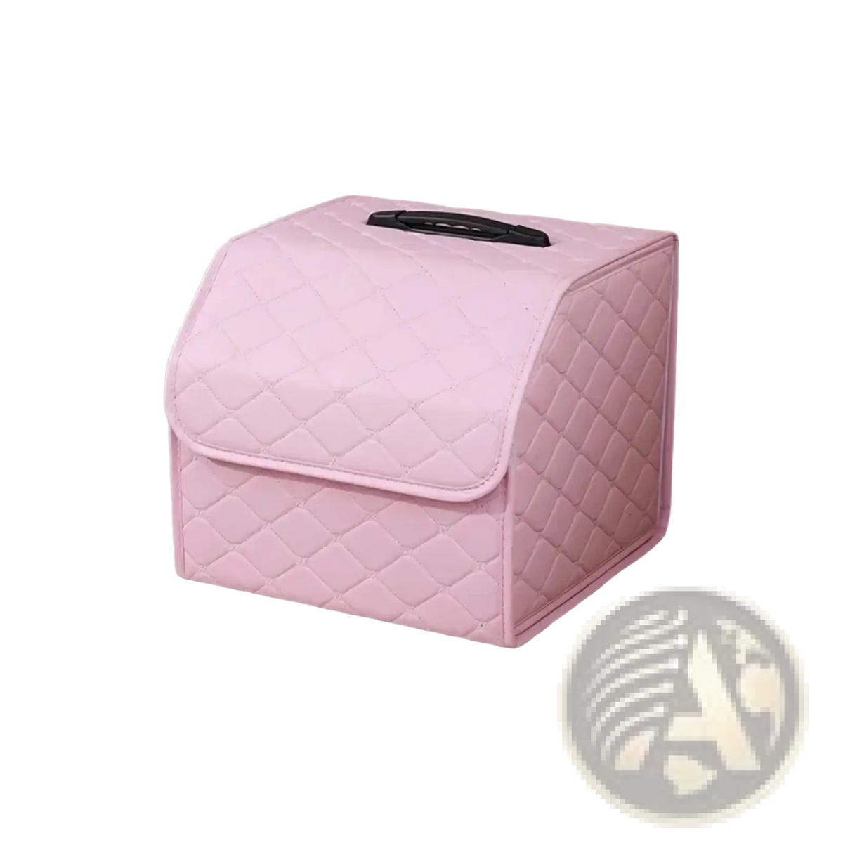 Pink quilted fabric car mirror cover with black handle designed as part of a pink quilted car trunk organizer with bow