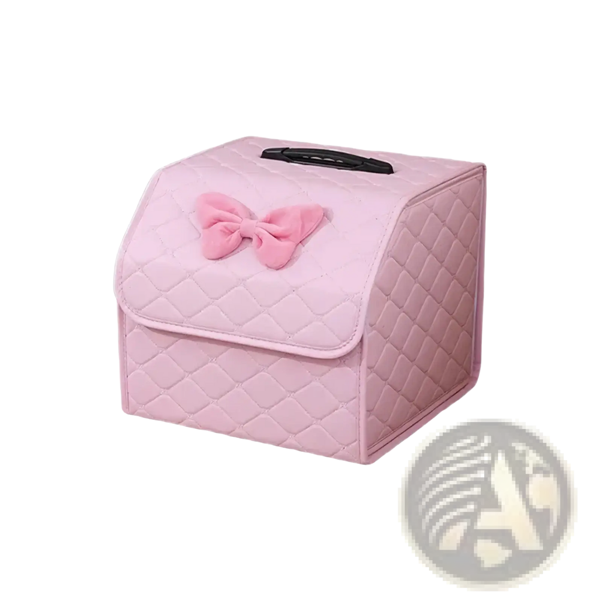 Pink quilted car trunk organizer made of fabric with a matching bow on the front for stylish storage