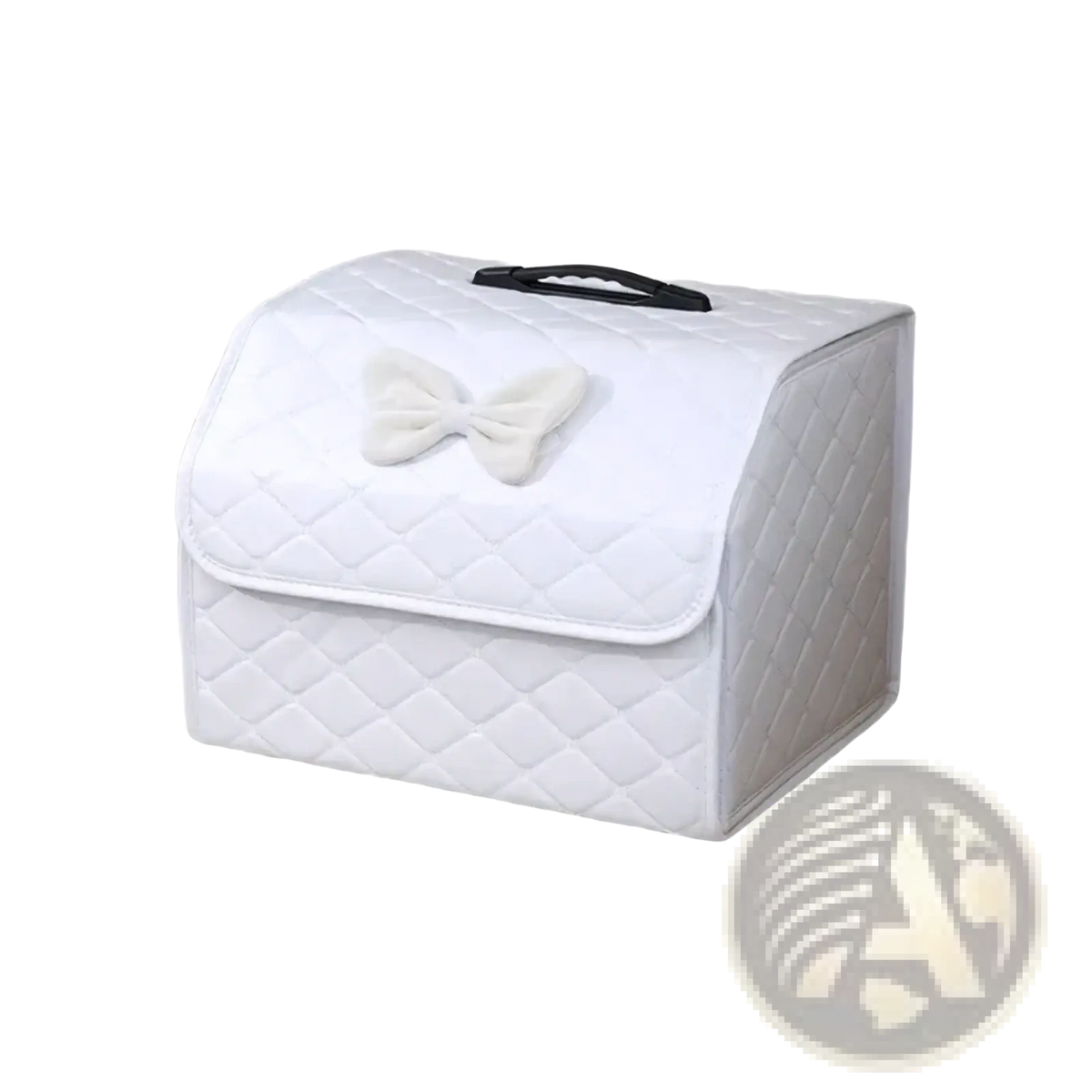 White quilted fabric storage box with cream bow and black handle for pink quilted car trunk organizer