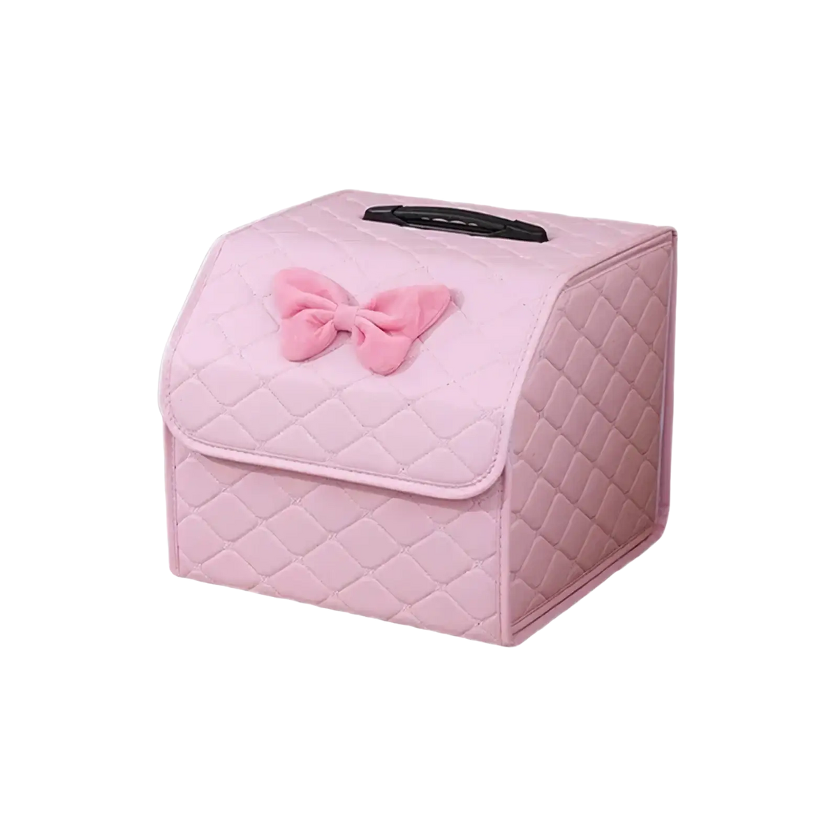 Pink quilted car trunk organizer made of fabric with a matching bow on the front for stylish storage