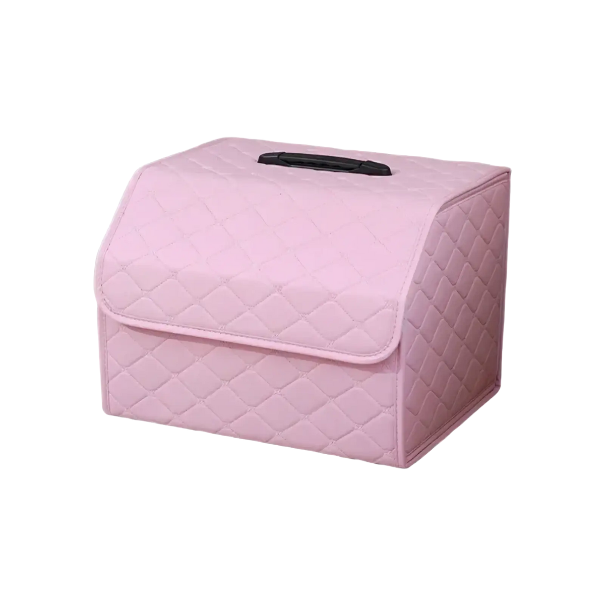 Pink quilted fabric car trunk organizer with bow design and black handle for convenient storage and transport