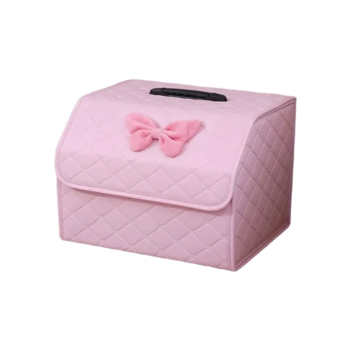 Pink quilted fabric car trunk organizer with matching bow and black handle for stylish storage and organization