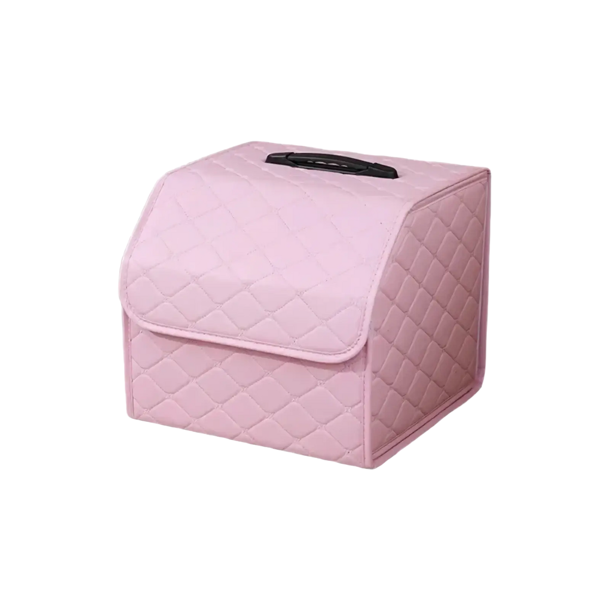 Pink quilted fabric car mirror cover with black handle designed as part of a pink quilted car trunk organizer with bow