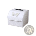 White quilted fabric car seat cover with black handle and off-white bow for pink quilted car trunk organizer