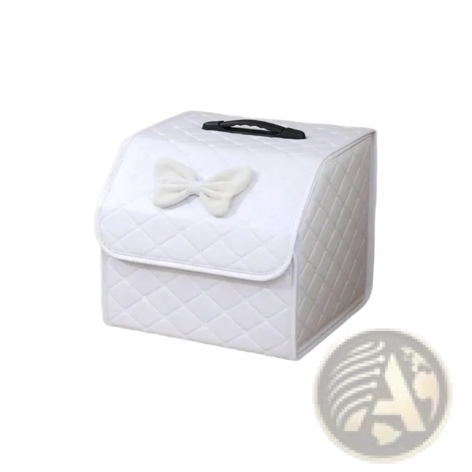 White quilted fabric car seat cover with black handle and off-white bow for pink quilted car trunk organizer