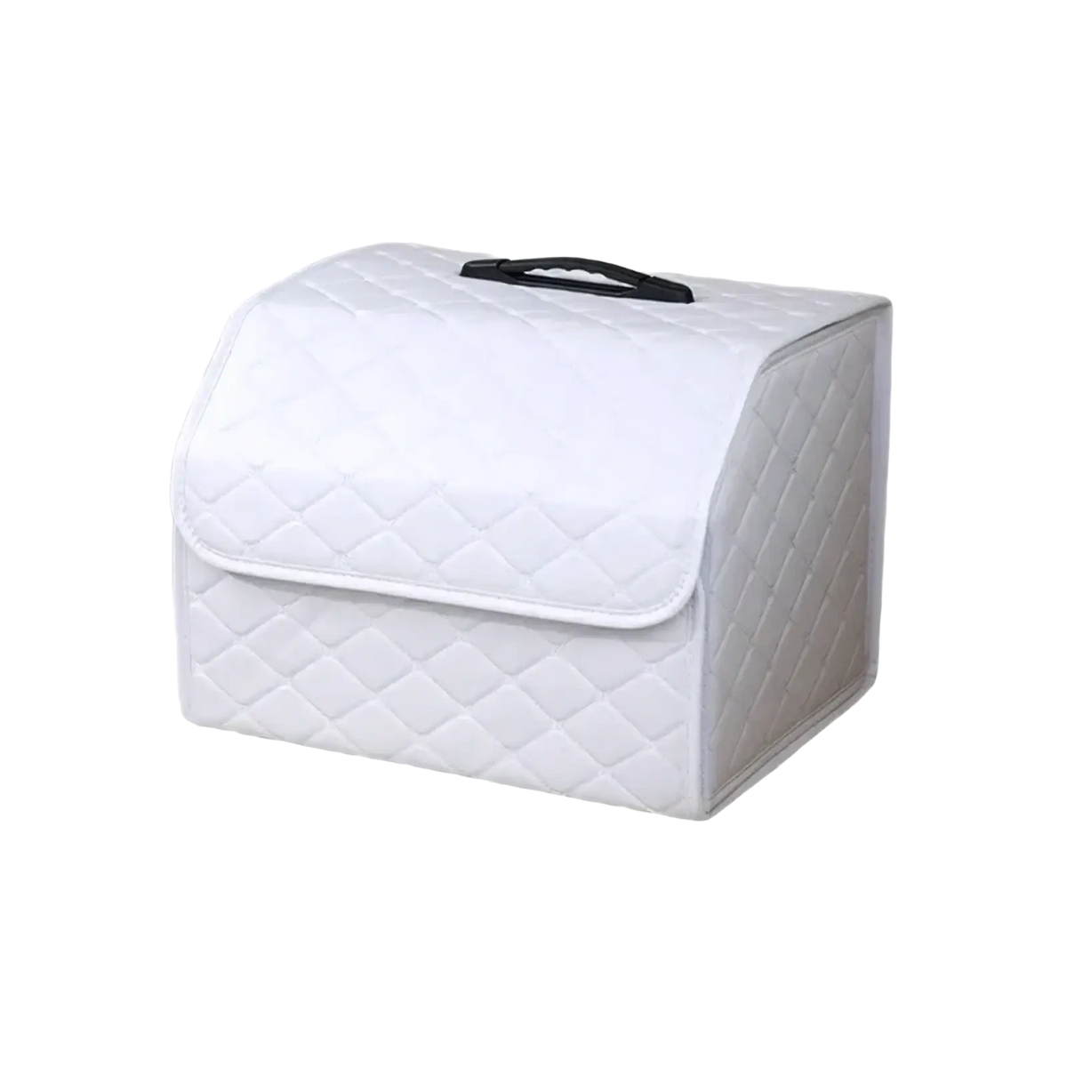 White quilted fabric storage box with black handle designed for organizing car trunks with a pink quilted bow theme