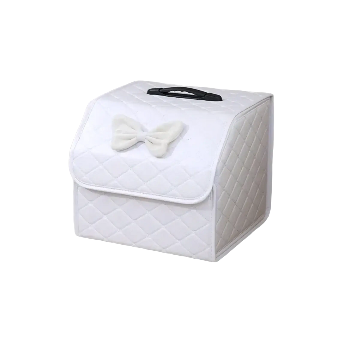 White quilted fabric car seat cover with black handle and off-white bow for pink quilted car trunk organizer