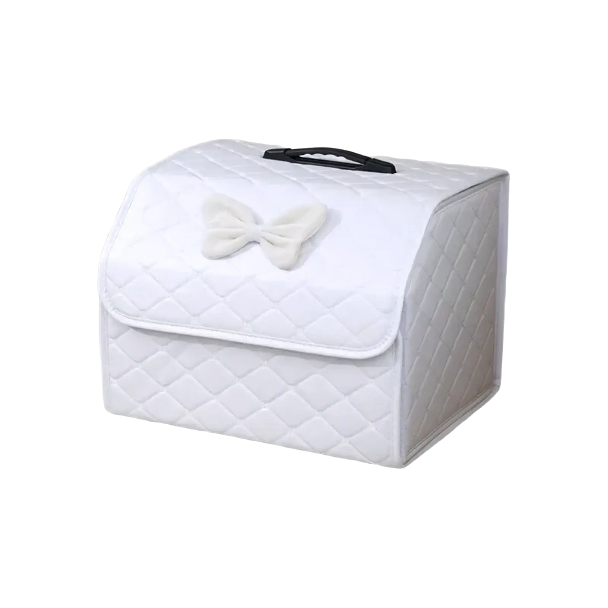 White quilted fabric storage box with cream bow and black handle for pink quilted car trunk organizer