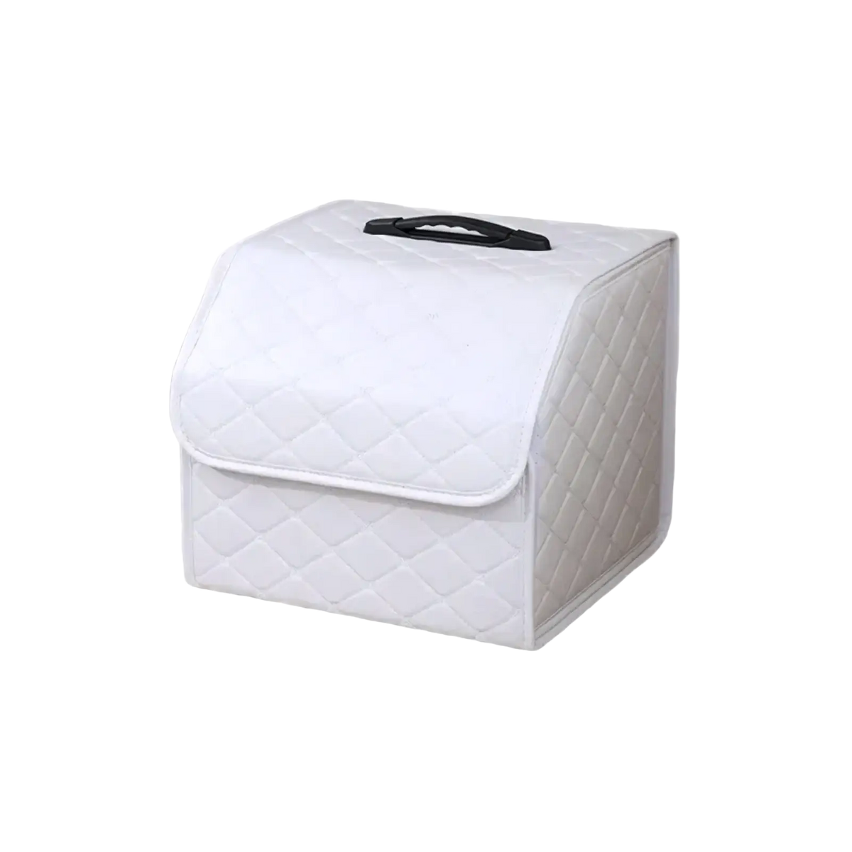 White quilted fabric car trunk organizer with black handle displayed as an alternative to the pink quilted model with bow