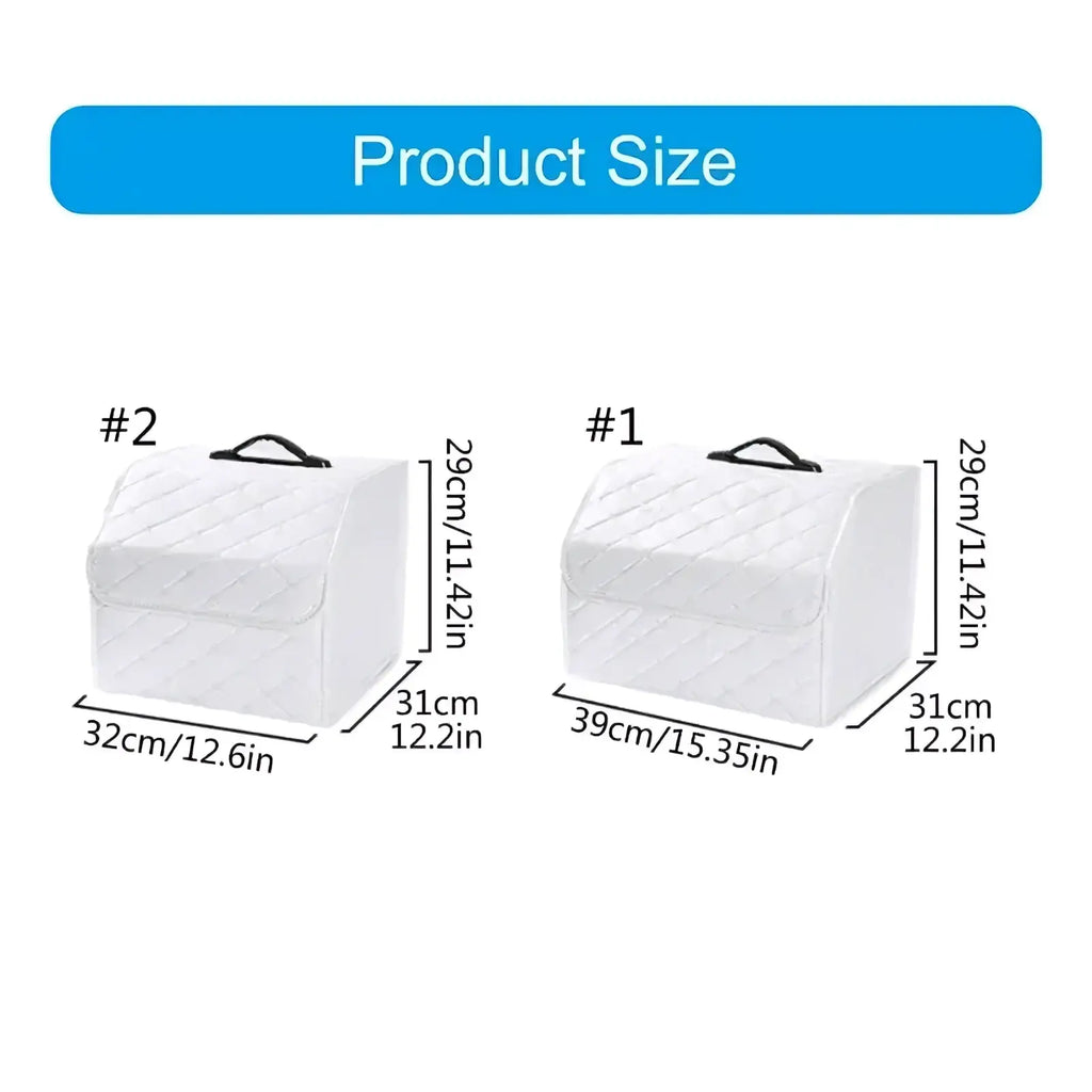 White quilted fabric shoebox with black handle showing dimensions for two sizes in pink quilted car trunk organizer with bow