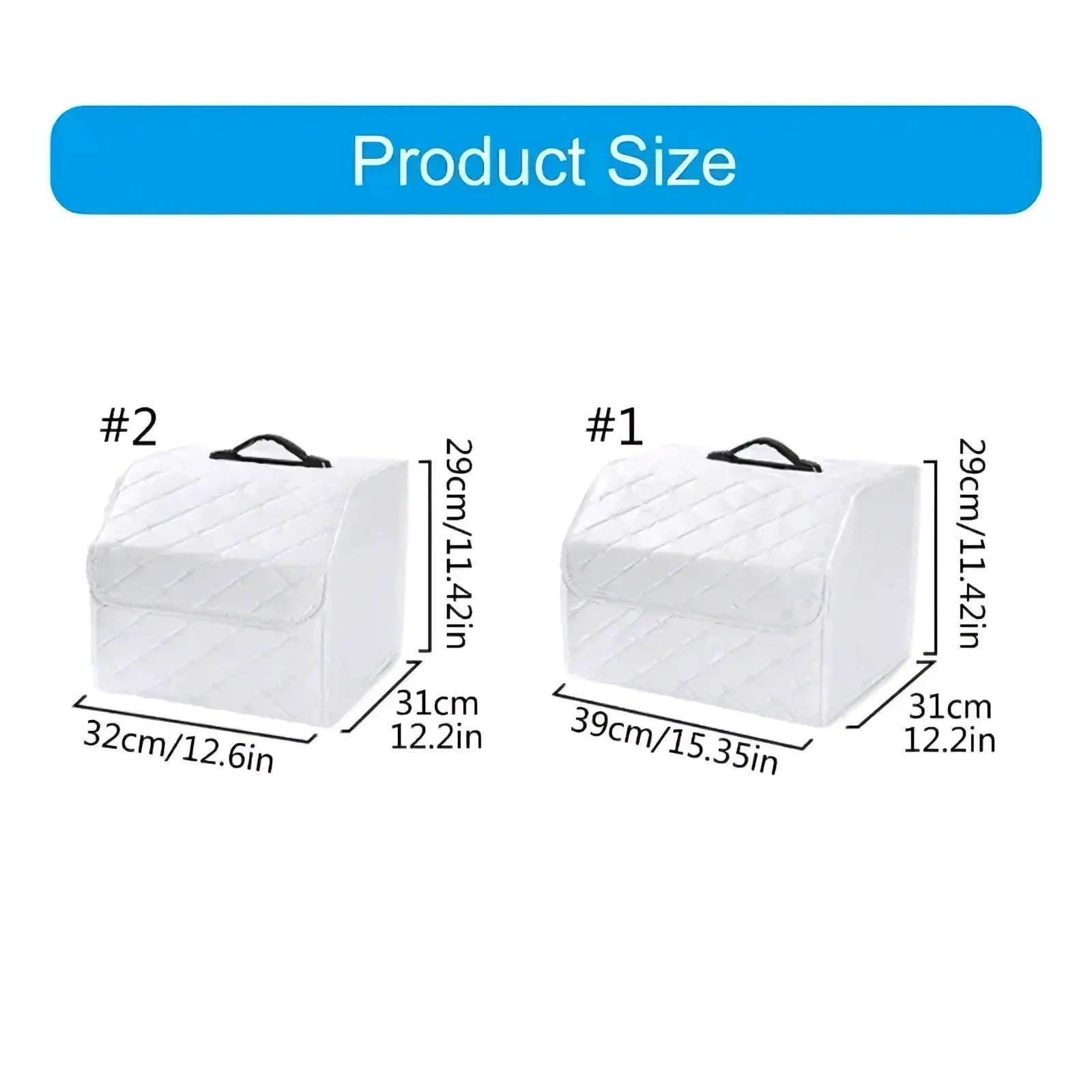 White quilted fabric shoebox with black handle showing dimensions for two sizes in pink quilted car trunk organizer with bow