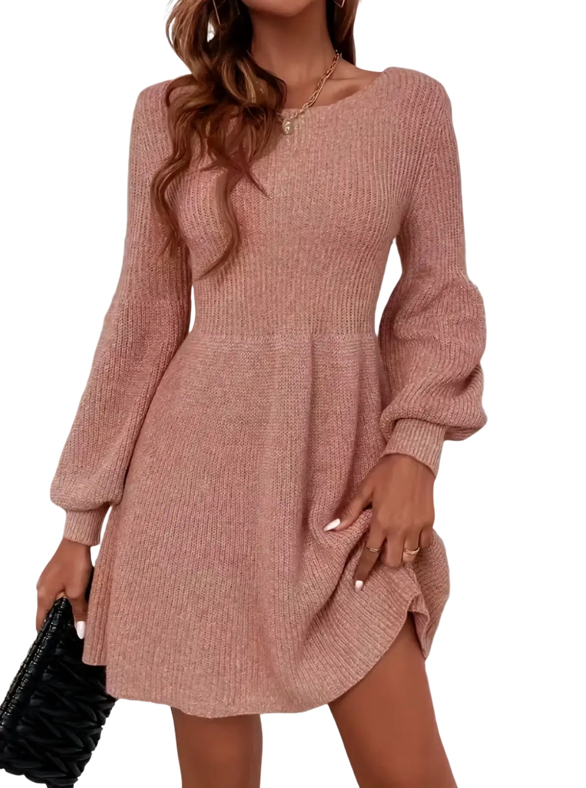 A soft pink ribbed knit sweater dress with long sleeves and a flared skirt in mini length