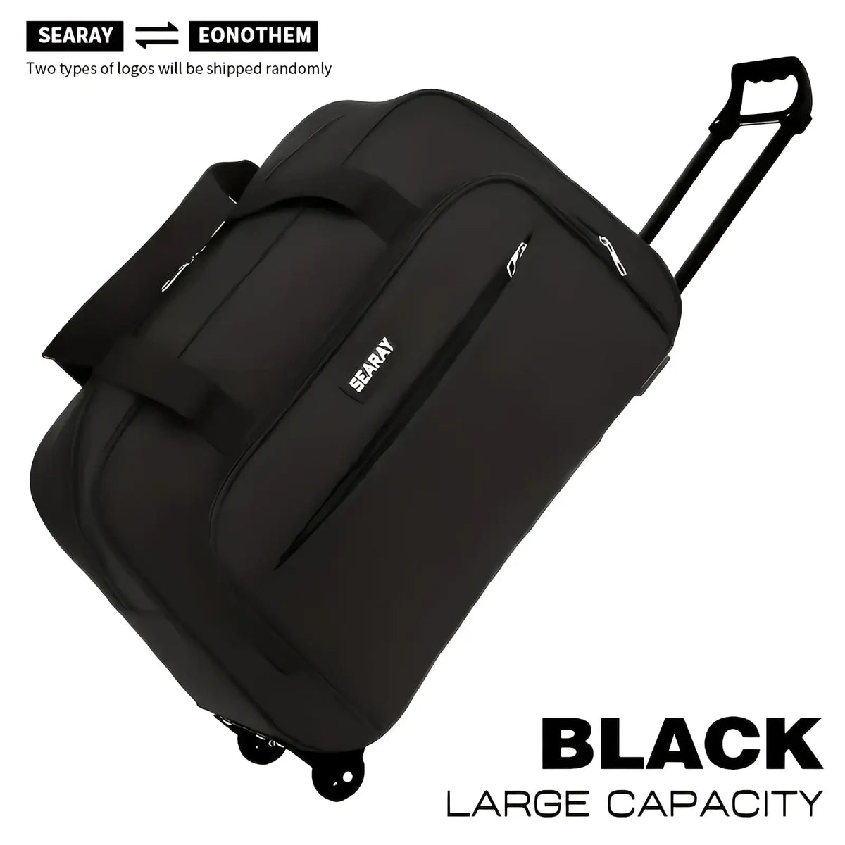 Black rolling suitcase with durable fabric exterior and sturdy telescoping handle shown with pink rolling travel duffle bag title