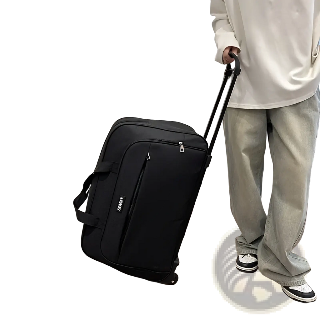 Black rolling suitcase with sleek modern design and sturdy fabric construction shown from the back side