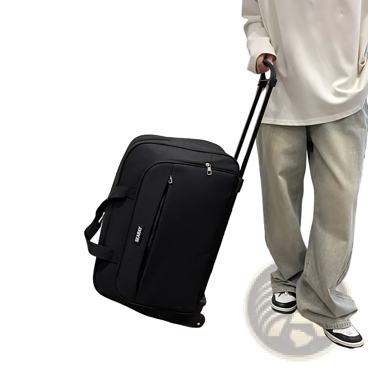 Black rolling suitcase with sleek modern design and sturdy fabric construction shown from the back side