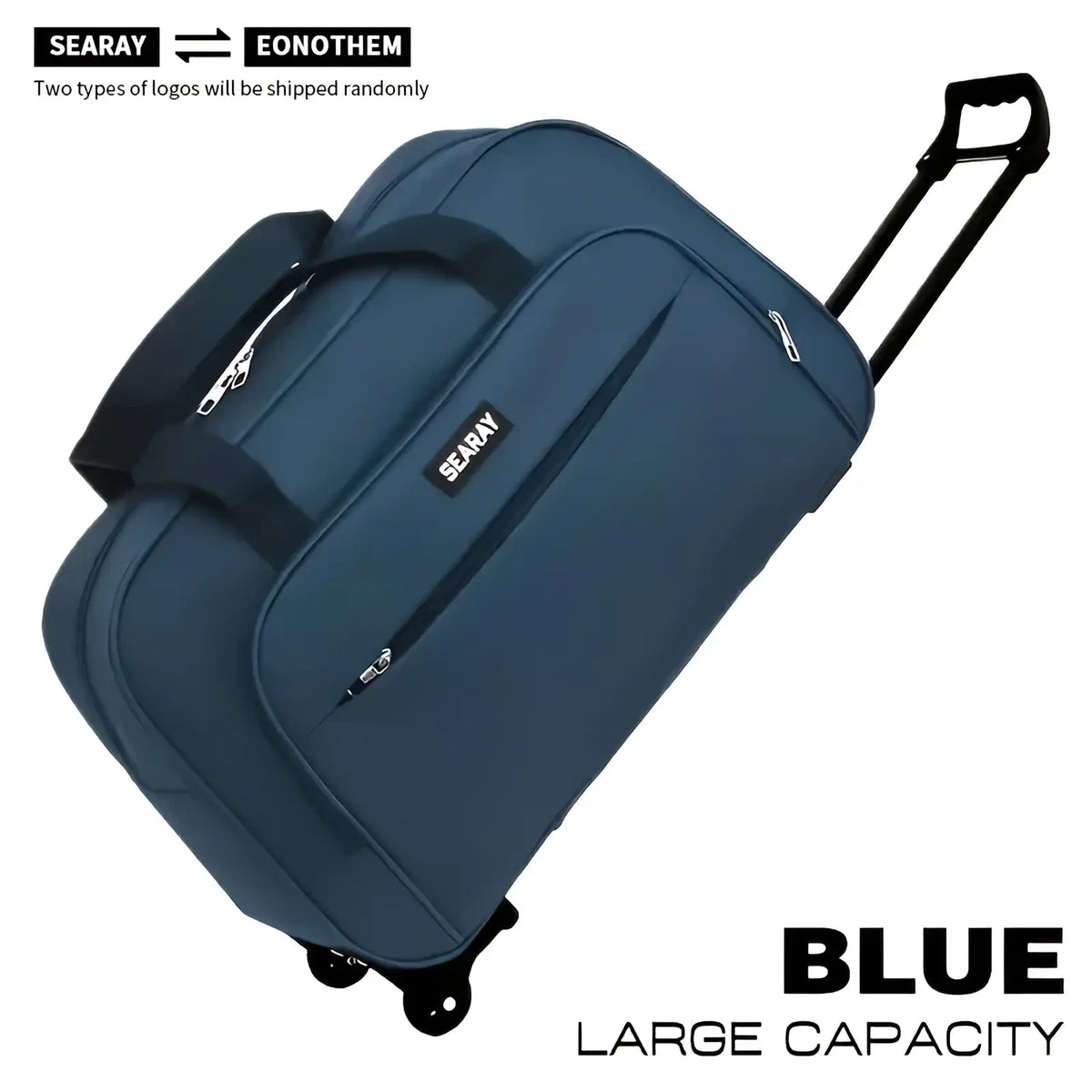 Blue rolling suitcase with black handles and wheels featuring a sleek fabric design for travel use