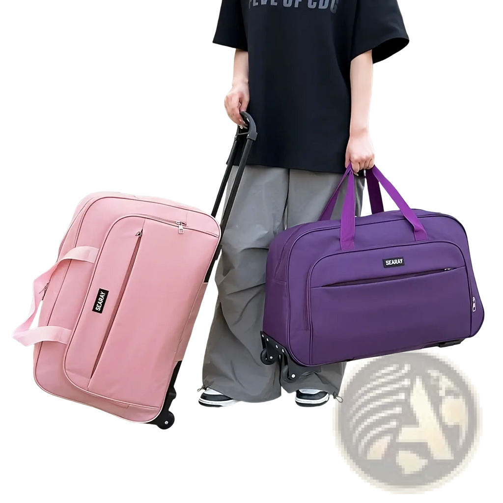 A pink and purple large foldable rolling travel duffle bag with black zippers fabric handles and searay brand label