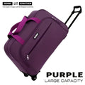 Purple searay rolling suitcase with matching handles and black wheels shown alongside pink large foldable duffle bag