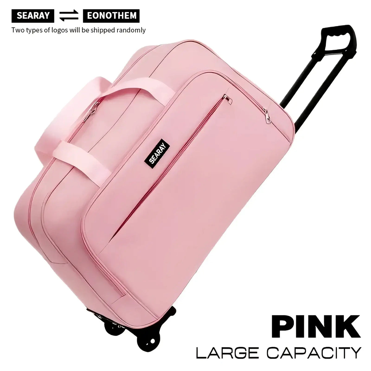 Pink rolling travel duffle bag large foldable luggage with soft fabric exterior black handle and front zippered pocket