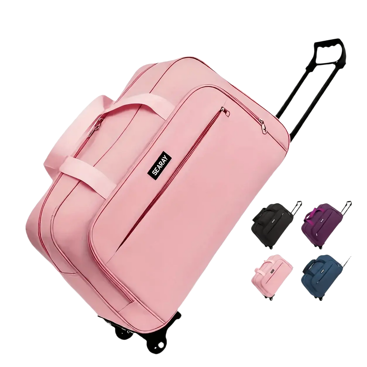 Pink rolling travel duffle bag made of scratch-resistant high-density thickened fabric with black handle and wheels